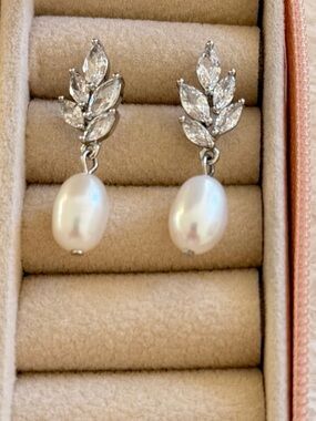 Bridal Freshwater Pearl Drop Earrings with Crystal Leaf Accent